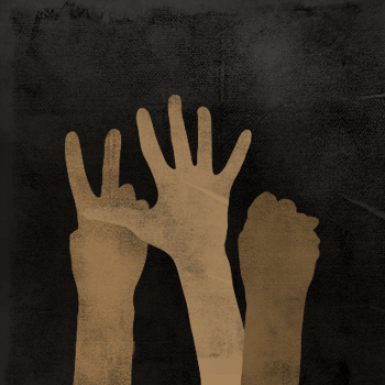 Three hands making different gestures on top of charcoal background
