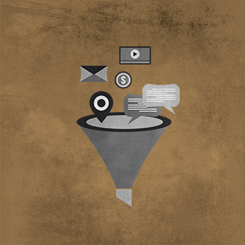 Illustration of demand generation icons going into funnel on top of a gold background