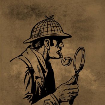 Illustration of detective holding magnifying glass on top of gold background