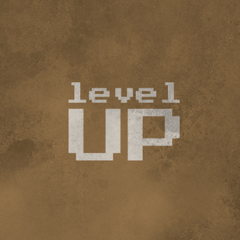 Pixel letters that form the words "Level UP"