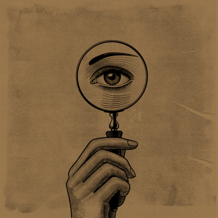Lithographic style hand holding magnifying glass with eye inside